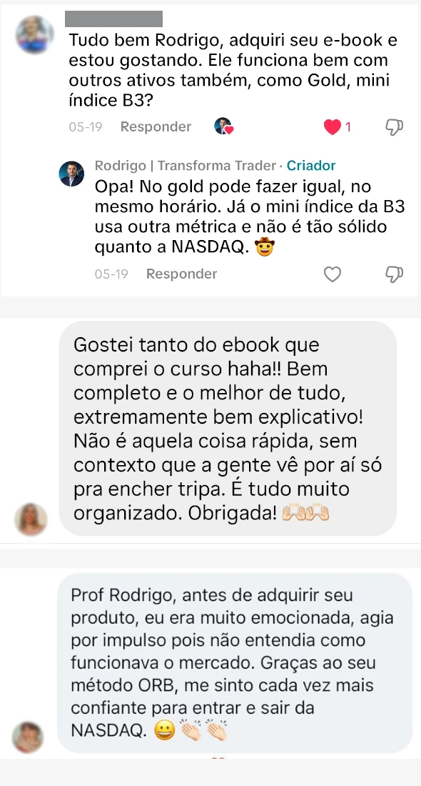 Prints anonimizados de comentários de leitores do e-book Operando NASDAQ com ORB
