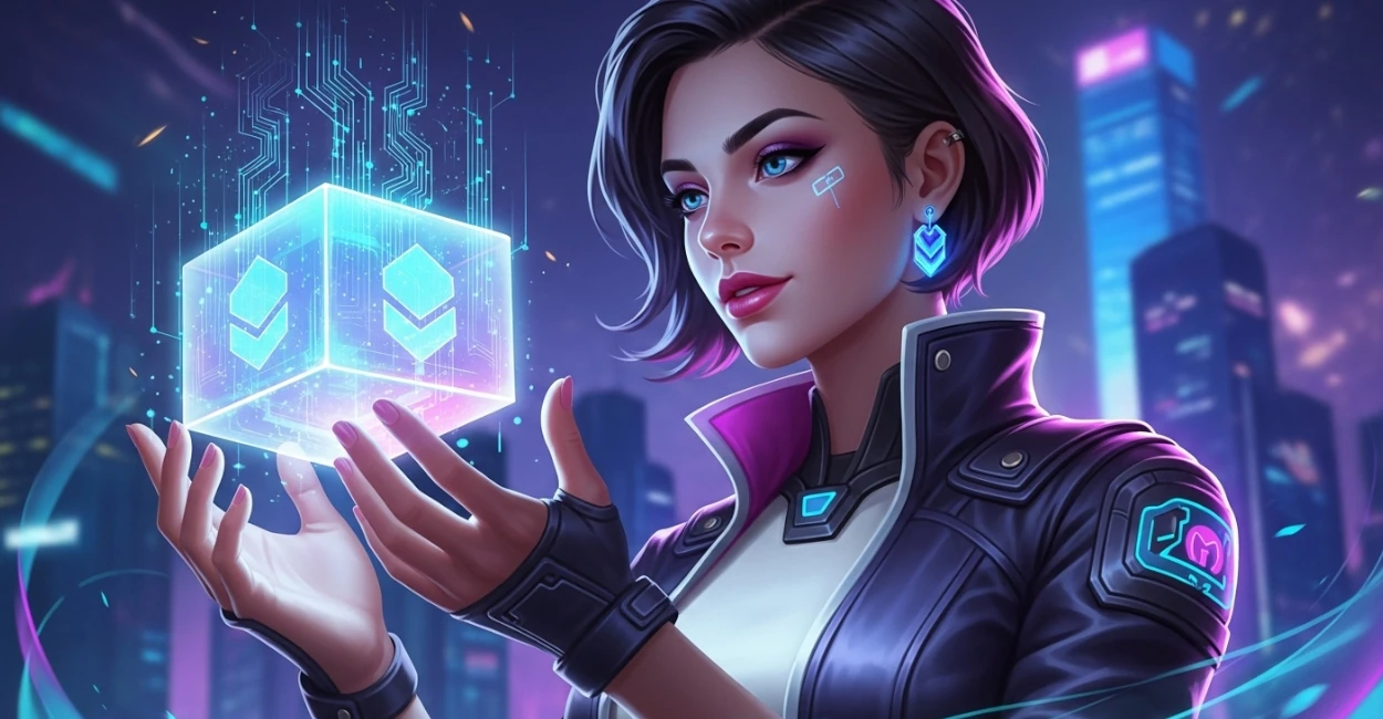 jovem segurando um bloco de blockchain