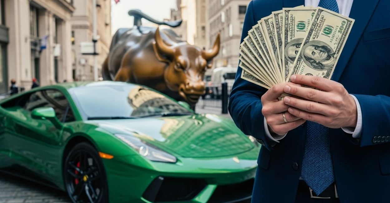 trader mostrando dólares ao lado do charging bull de wall street